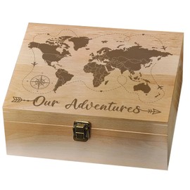 arricraft Wooden Keepsake Box, 10 x 8 x 4.25 Inches (25.5 x 20.5 x 10.8 cm), Wooden Box with Worldwide Map and Lid, Decorative Storage Box "Our Adventures" for Souvenirs, Photos
