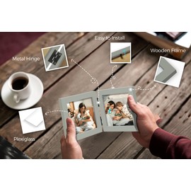 JD Concept Double 4x4 Square Combo, Grey Wood Picture Frame, 3.5x3.5 Opening Foldable Photo Frame on Table-top or Wall