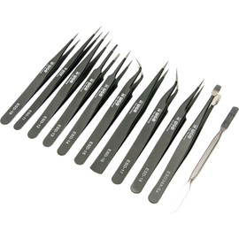WGB ESD Tweezers Set Including Roll Case and Protection Against Electrostatic Discharge, Precision Tweezers, 12-Piece