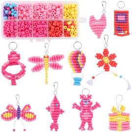 SUNNYCLUE 1 Box DIY 10 Sets Pony Beads Keychain Kit Bead Animals 6mm Pink Opaque Pony Beads Valentine's Day Beading Heart Butterfly Flower Bear Shamrock Pony Bead Animal Pets Key Chain for Crafts