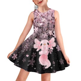 ZPINXIGN Cherry Blossom Axolotl Dresses for Girls Size 9-10 Kids Skater Dress Sleeveless Cute Outfits Pink Twirly Sundress Casual Spring Clothes