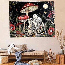 SIGISY Mushroom Skull Floral Tapestry, Skeleton Floral Wall Art, Moon and Plants Flower Tapestry, 51x59 Inches, Bedroom Decor