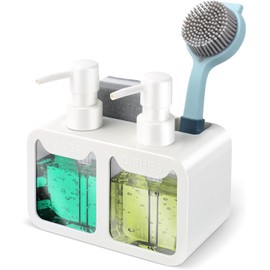 LINZOM Soap Dispenser for Kitchen Sink, 700ml Kitchen Soap Dispenser Set with Pump, Hand Soap Dispenser & Dish Soap Dispenser with Sponge Holder for Kitchen Decor, Bathroom, White