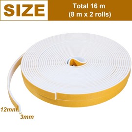 Inwee 2 Rolls Foam Weather Stripping 12mm (W) X 3mm (T), Insulation Soundproofing Strips Tape Gasket Seal for Doors and Window, Anti-Collision, Waterproof, Dustproof Total 16m White (2 X 8m Each)