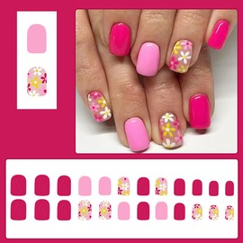 KTAABTR Spring Summer Floral Press on Nails Short Square Nails Pink Flower Fake Nails Rose Pink Glossy Acrylic Nails Design for Woman DIY Manicure tip 24Pcs Full Cover False Nails Decoration Set