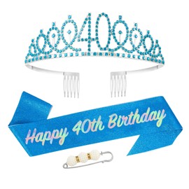 40th Birthday Sash and Tiara for Women,Blue 40th Birthday Crown Costume Set for 40th Birthday Gifts,Rhinestone Birthday Crown and Shoulder Strap for Her 40th Birthday Decoration Party Accessories