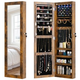 MASMIRE Full Length Mirror Jewelry Cabinet Organizer Lockable Door Wall-Mounted Jewelry Armoire with Shelves and Behind the Door Storage Rustic Brown