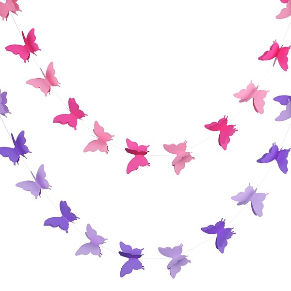 Pack of 2 3D Paper Butterfly Banner Hanging Decorative Garland for Wedding, Baby Shower, Birthday and Theme Decor, 118 Inches Long, Pink and Purple