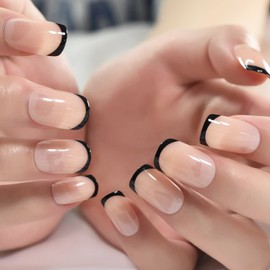 Medium Short Squoval False Nails Natural Nude Black Side Glossy Translucent French Press on Nails Salon Nail Art Tips DIY at home