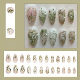 SXVME Green False Nails Medium Almond Press on Nails with 3D Pearl Rhinestones Designs Gold French Tips Flower Fake Nails White Floral Full Cover Glossy Acrylic Nails for Women 24 Pcs