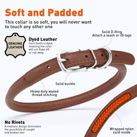 Dogline Soft and Padded Rolled Round Leather Collar for Dogs W3/8" - L16"-19", Brown
