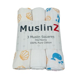 MuslinZ Baby Muslin Squares Burp Cloths 3 Pack 100% Pure Cotton, 70cms, Baby Essential, Soft Breathable and Absorbent (Sealife Combo)
