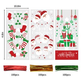 DERAYEE Cellophane Bags, 120 Pieces Christmas Cellophane Bags, Candy Bags with 150 Pieces Twist Ties, Christmas Candy Bags