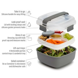 Goodful Lunch to Go Contenedor a prueba de fugas, hecho sin BPA con tazón grande, 4 compartimentos extraíbles, bandeja para ensaladas y aperitivos, gris