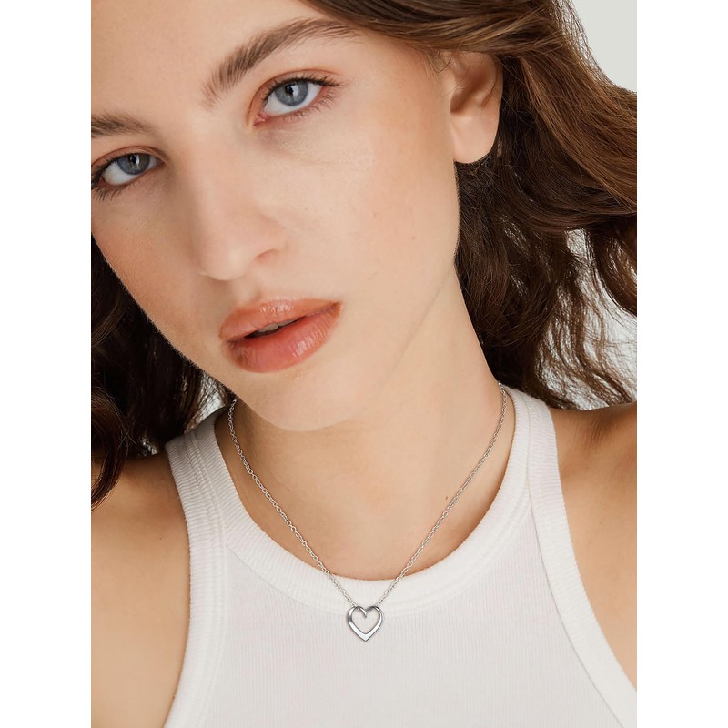 Suplight Women's Open Heart Necklace, 925 Silver, Cute, Simple, Sterling