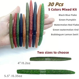 DAMIDEL 30 Pcs 5.5" /0.35oz,4"/0.2oz Senko Wacky Worms Soft Fishing Lures，Classics/Soft,5 Colors Mixed Kit Plastic Worm Stick Baits for Bass Freshwater Saltwater Fishing (Worm-14cm)