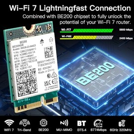 BE200NGW Tarjeta inalámbrica WiFi 7 para juegos de PC, M.2 NGFF Tri-Band 2.4G/5G/6G Adaptador de red, hasta 8774Mbps, Bluetooth 5.4, compatible con Windows 11/10
