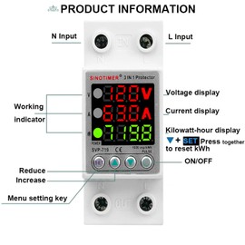 SINOTIMER SVP719 3 LED Display 120VAC 63A Adjustable Voltage Surge Protector Relay with Limit Current Protection, Single Phase Low Voltage Monitor Energy Consumption