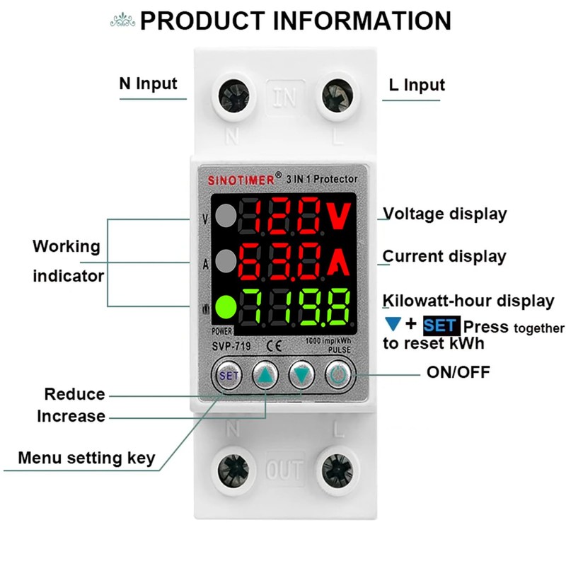 SINOTIMER SVP719 3 LED Display 120VAC 63A Adjustable Voltage Surge