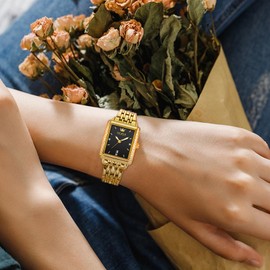 OLEVS Gold Watches for Women Black Face Small Wrist Analog Quartz Watches Luminous Waterproof Gold Slim Dress Women Watches Classic Fashion Stainless Steel Square Watches for Women