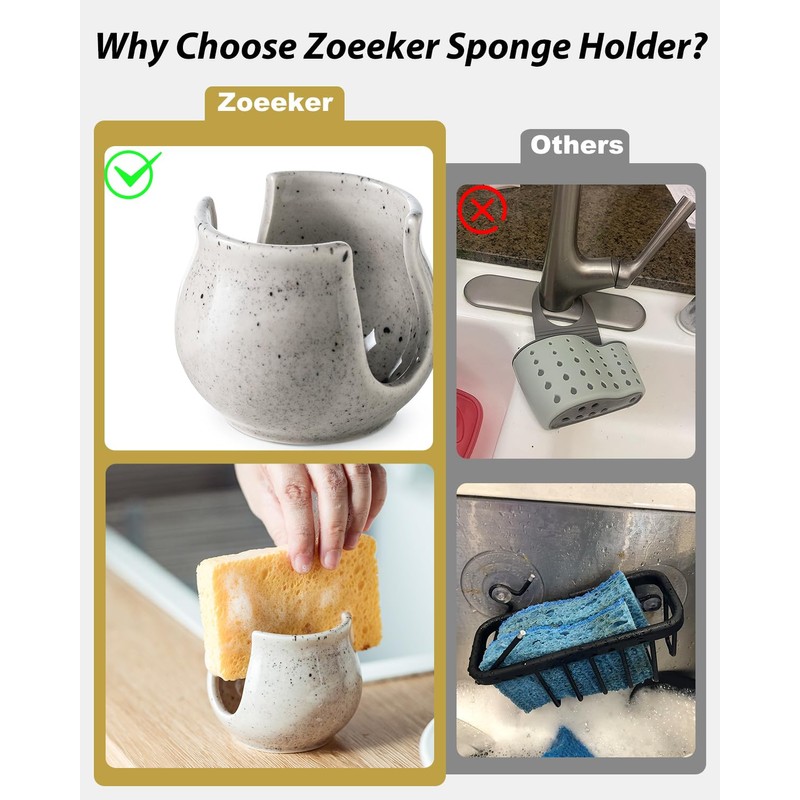Zoeeker Sponge Holder for Kitchen Sink, Ceramic Dish Sponge Drying