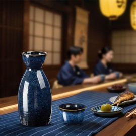 DUJUST 10 pcs Japanese Sake Set with Warmer for 6, Kiln Altered Glaze Porcelain Sake Set, 6 Sake Cups, 1 Sake Bottle, 1 Warmer, 1 Candle Stove, 1 Tray&1 Box, Warm Sake Carafe, Japanese Gifts- Darkblue