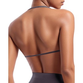 OMKAGI Halter Sports Bras for Women Padded Strappy Bra Open Back Workout Gym Crop(M,409-Gray)