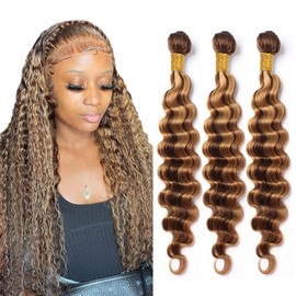 P4/27 Human Hair Deep Curly Weave Bundles Highlight Honey Blonde Deep Wave Bundles Brazilian Human Hair Weave Extensions Double Weft Soft And Silky Bundles for Black Women (14 16 18 Inch 3 Bundles)