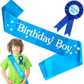 cobee Birthday Boy Sash, Blue Satin Happy Birthday Sash with Birthday Boy Award Ribbon Badge Happy Birthday Sash Novelty Birthday Sash Birthday Decorations for Boys Birthday Party Dress Up Decoration