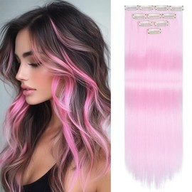 Yamel Colored Hair Extensions 10 Pieces 20 inch Bright Pink Clip in Hair Extensions for Women Synthetic Straight Hairpieces for Christmas Costume Party