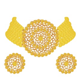 Aheli Pearl Diamond Choker Necklace with Round Earrings for Women Indian Traditional Bollywood Fashion Jewelry Set (Yellow)
