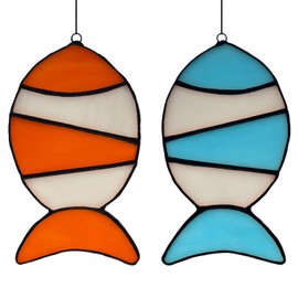 Clownfish Suncatcher Set Stained Glass for Window Hangings, Handcrafted Clownfish Sun Catcher Stained Glass Panel for Coastal Beach House Window Wall Art Decoration, Blue Orange