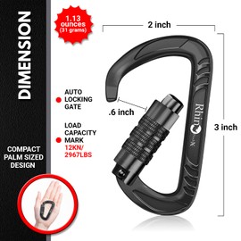 RHINO Produxs 12kN Heavy Duty Lightweight Auto Locking Carabiner Clips with Keyrings, for Securing Pets, Outdoor, Camping, Hiking, Twistlock Smart Locking Carabiners for Dog Leash