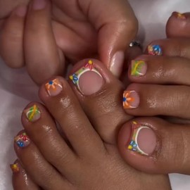 24PCS French Press on Toenails Summer Toe Press on Nails Short Square Fake Toenails with Colorful Flower Designs French Tip Toenails Press on Acrylic Full Cover False Toe Nails Glue on Nails for Women