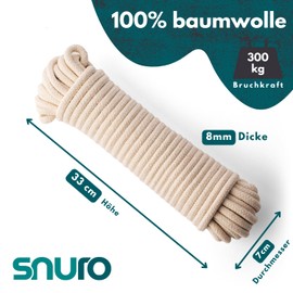SNURO Cotton cord diameter 8 mm (thick), 20 m length. For many projects: gym bags, hoodies, bags, for sewing. Braided cotton cord - rope - easy to knot and work with. Washable