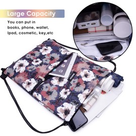 Drawstring Backpack String Bag Sackpack Cinch Water Resistant Nylon for Gym Shopping Sport Yoga by WANDF (Navy Blue Flower)