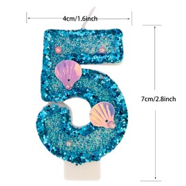 Variouslife Blue Number Candle,Shell Sequins Number Candles for Birthday Cakes Mermaid Themed Party Supplies Number 5 Candle