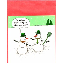 Carlton Cards Funny Snowman Patch Things Up With Wife Broom Witch Christmas Greeting Card