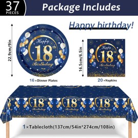 MORAINJAY 37Pcs Birthday Tableware Set for 18,Navy Blue Gold Tableware Set for 18th Birthday Party with Plates,Napkins,Tablecloth,Dinnerware Set for 18,Party Supplies Table Decor for Him,Men,Adults