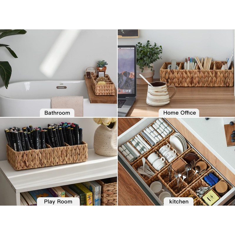 StorageWorks Small Wicker Basket for Organizing with 4-Section, Natural Water