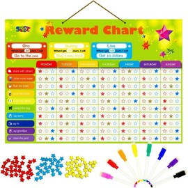 Magnetic Reward Chart for Kids - Dry Erase Task Board with 84 Chores, 272 Magnetic Stars, 8 Markers & 3 Name Cards for Good Behavior Daily Routine - Style: Star Chart
