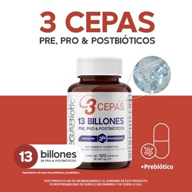 MegaBiotic 13 Billones Prebioticos, Probioticos y Postbioticos | 3 Cepas | Suplemento Alimenticio con Inulina de Agave | 120 Cápsulas | 548 Miligramos c/u