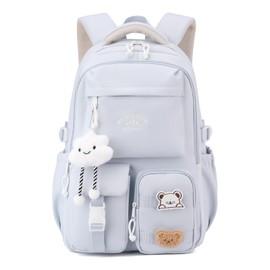 Amythe School Backpack Girls Teenagers School Bag Girls Large with Many Compartments Casual Backpack School with Cute Tags and Badges for Girls 3rd to 7th Grade, blue
