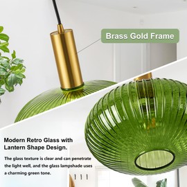 FEAZAC Modern Green Pendant Light Fixtures, Vintage Brass Ceiling Hanging Pendant Lights Adjustable with Striped Globe Glass Shade for Kitchen Island Bedroom Hallway Foyer, E26, 60W
