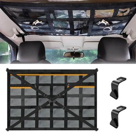 Luggage Net Car Roof, 90 x 65 cm Roof Net Car Indoor, Storage Net, Car Net Roof Canopy with Adjustable Cross Straps and 3 Independent Zip Pockets for Four Roof Armrests Jeeps, Van, SUV