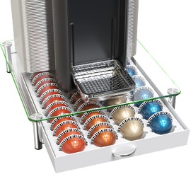 DecoBrothers Crystal Tempered Glass Vertuo Pod Holder Drawer, 24 Large or 48 Small Nespresso Capsule Organizer, White