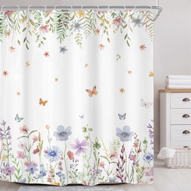 Riyidecor Extra Long Colorful Wildflower Floral Shower Curtain for Bathroom Decor 72Wx84H Flowers Spring Botanical Plants Leaves Butterfly Art Printed Fabric Polyester Waterproof 12 Pack Plastic Hooks