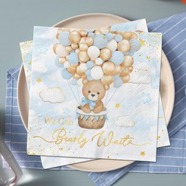 Blue Bear Baby Shower Decorations Napkins, 40Pcs We Can Bearly Wait Baby Shower Napkins, Teddy Bear Favors Napkin Cocktail Dessert Paper Napkin for Boy Bear Beraly Wait Party Supplies
