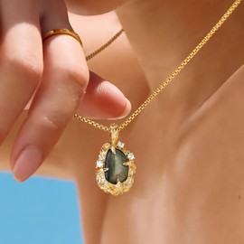 Fettero Gold Charm Necklace for Women, 14K Gold Plated Cute Dainty Pendant Necklaces with Branch, Hypoallergenic Chain Trendy Black Shell Pearl Necklace