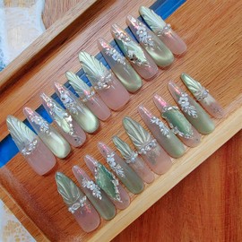 Gleamrain 3D Handmade Press on Nails Long Almond Handcrafted Nail Art with Designed Flower Fake Nail for Women and Girls /20 Piece Set